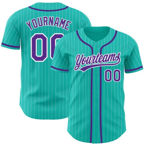 Aqua0163 Custom Aqua White Pinstripe Purple Authentic Baseball Jersey