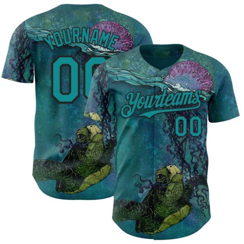 Artist0466 Custom Blue Teal-Black David Lozeau Turtle Buddy And Jelly Authentic Baseball Jersey