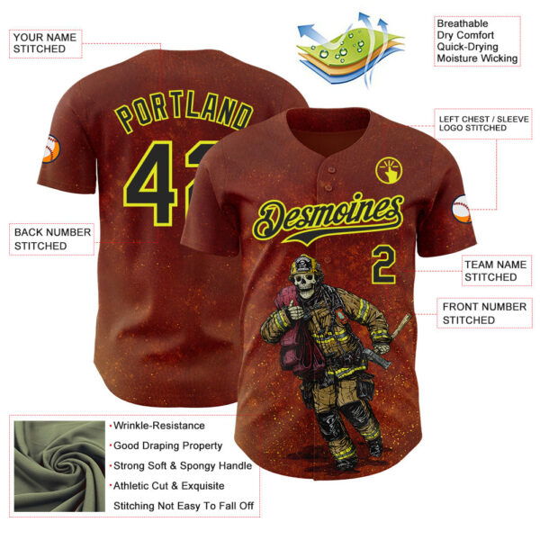 Custom Red Black-Neon Yellow David Lozeau Fighting The Flames Authentic Baseball Jersey