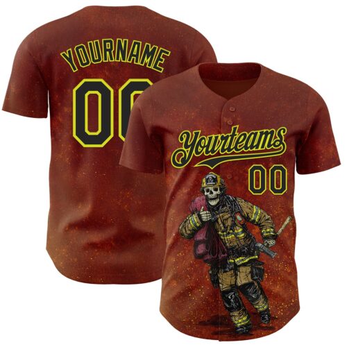 Artist0481 Custom Red Black-Neon Yellow David Lozeau Fighting The Flames Authentic Baseball Jersey
