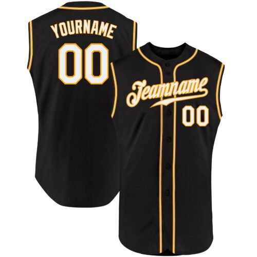 Black0903 Custom Black White-Gold Authentic Sleeveless Baseball Jersey