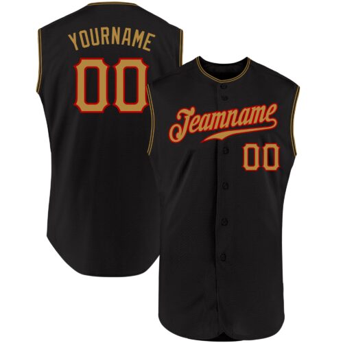 Black0908 Custom Black Old Gold-Red Authentic Sleeveless Baseball Jersey