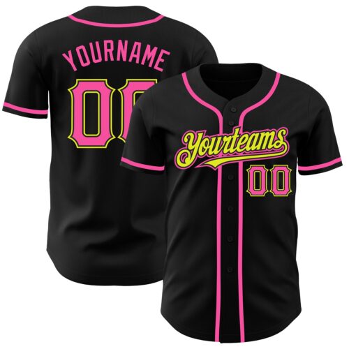 Black1465 Custom Black Pink-Neon Yellow Authentic Baseball Jersey