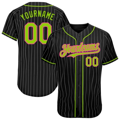 Black1672 Custom Black White Pinstripe Neon Green-Pink Authentic Baseball Jersey
