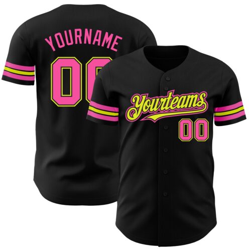 Black1799 Custom Black Pink-Neon Yellow Authentic Baseball Jersey