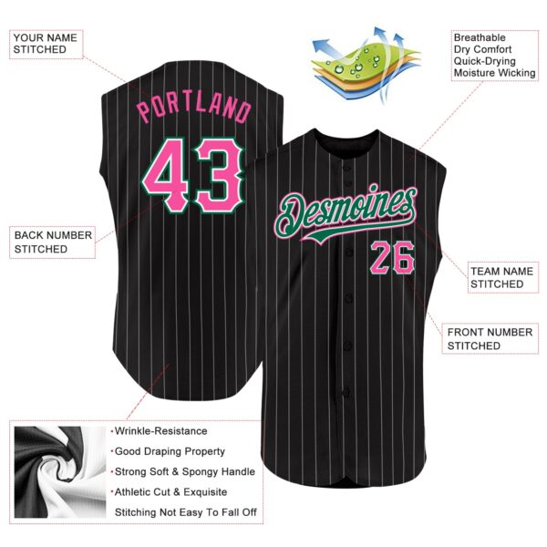 Custom Black White Pinstripe Pink-Kelly Green Authentic Sleeveless Baseball Jersey