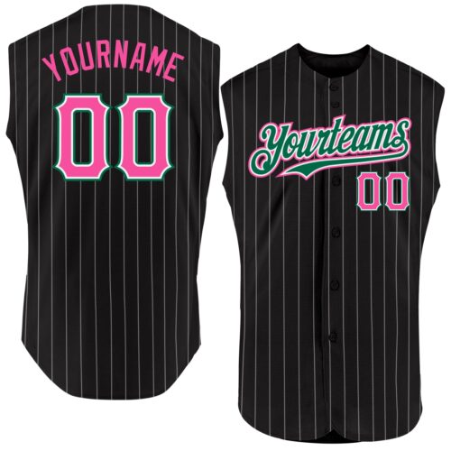 Black1804 Custom Black White Pinstripe Pink-Kelly Green Authentic Sleeveless Baseball Jersey