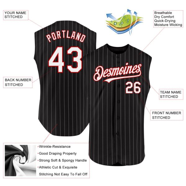 Custom Black White Pinstripe Red Authentic Sleeveless Baseball Jersey