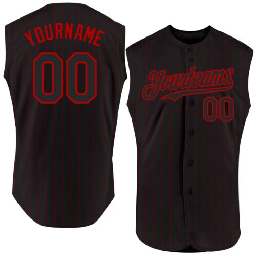 Black1834 Custom Black Red Pinstripe Red Authentic Sleeveless Baseball Jersey