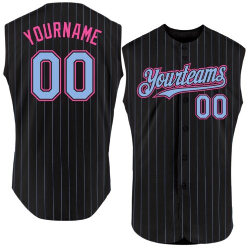 Black1837 Custom Black Light Blue Pinstripe Pink Authentic Sleeveless Baseball Jersey