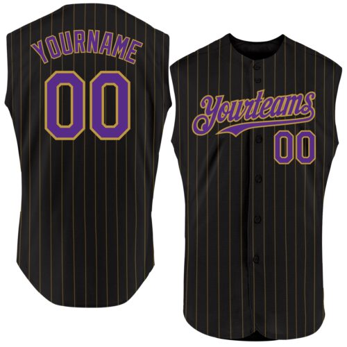 Black1852 Custom Black Old Gold Pinstripe Purple Authentic Sleeveless Baseball Jersey