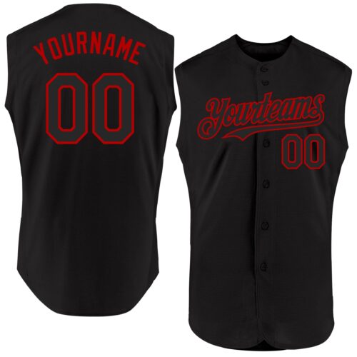Black1858 Custom Black Red Authentic Sleeveless Baseball Jersey
