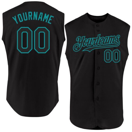 Black1873 Custom Black Teal Authentic Sleeveless Baseball Jersey