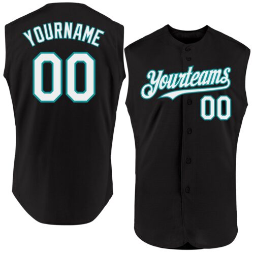 Black1874 Custom Black White-Teal Authentic Sleeveless Baseball Jersey