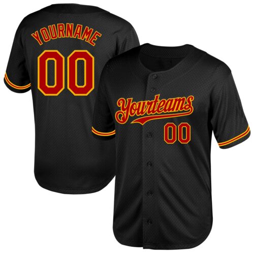 Black1999 Custom Black Red-Gold Mesh Authentic Throwback Baseball Jersey