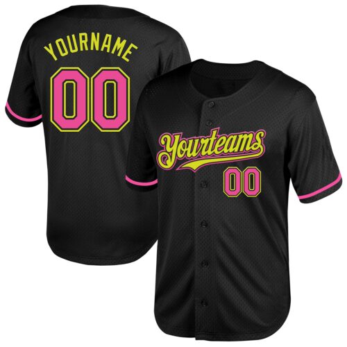 Black2021 Custom Black Pink-Neon Yellow Mesh Authentic Throwback Baseball Jersey