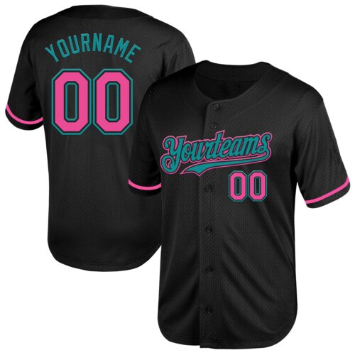 Black2023 Custom Black Pink-Teal Mesh Authentic Throwback Baseball Jersey