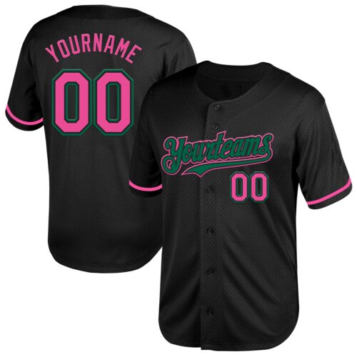 Black2027 Custom Black Pink-Kelly Green Mesh Authentic Throwback Baseball Jersey