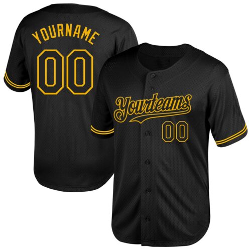 Black2032 Custom Black Gold Mesh Authentic Throwback Baseball Jersey