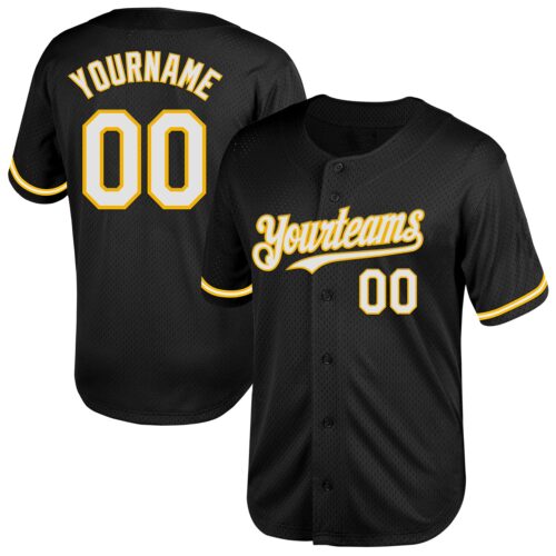 Black2035 Custom Black White-Gold Mesh Authentic Throwback Baseball Jersey