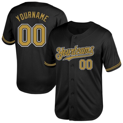 Black2040 Custom Black Old Gold-White Mesh Authentic Throwback Baseball Jersey