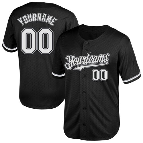Black2044 Custom Black White-Gray Mesh Authentic Throwback Baseball Jersey