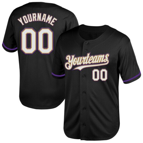 Black2047 Custom Black White Old Gold-Purple Mesh Authentic Throwback Baseball Jersey