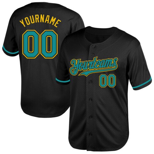 Black2072 Custom Black Teal-Yellow Mesh Authentic Throwback Baseball Jersey