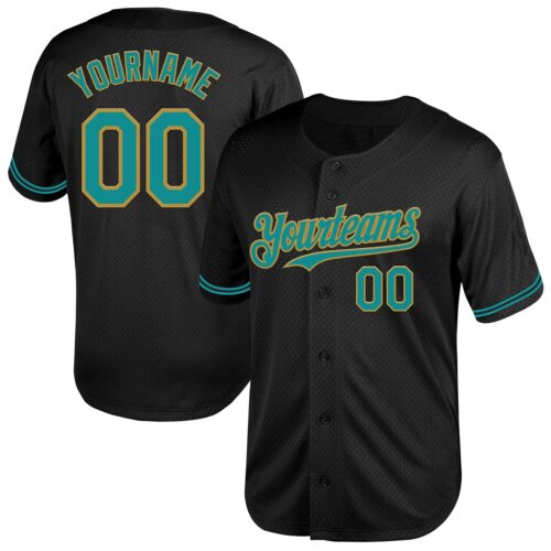 Black2075 Custom Black Teal-Old Gold Mesh Authentic Throwback Baseball Jersey