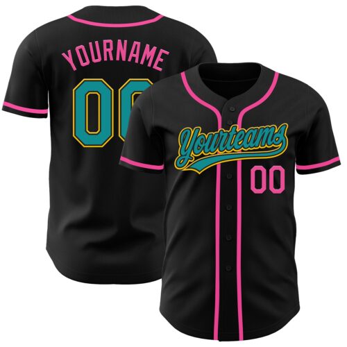 Black2119_470b6d88-f483-471c-bd93-0491fb75a334 Custom Black Teal Yellow-Pink Authentic Baseball Jersey