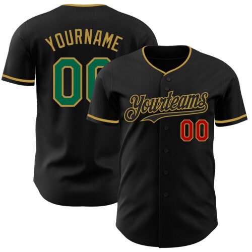 Black2883 Custom Black Kelly Green Old Gold-Red Authentic Baseball Jersey