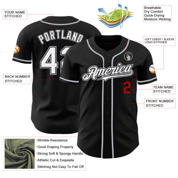 Custom Black White Gray-Red Authentic Baseball Jersey