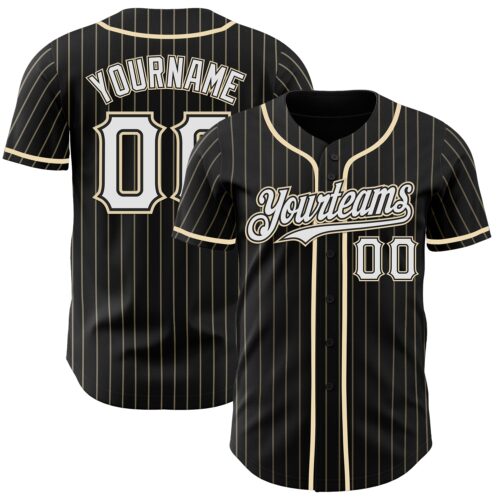 Black2895 Custom Black Cream Pinstripe White Authentic Baseball Jersey