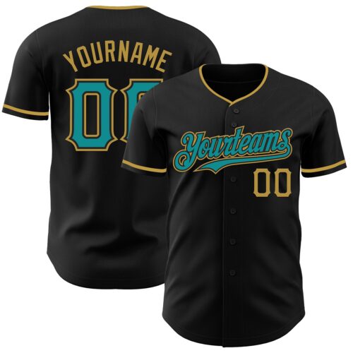 Black3002 Custom Black Teal-Old Gold Authentic Baseball Jersey