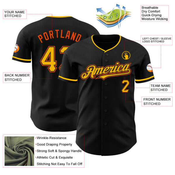 Custom Black Gold-Orange Authentic Baseball Jersey
