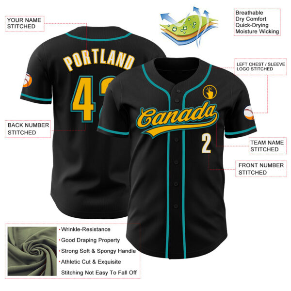 Custom Black Gold Teal-White Authentic Baseball Jersey