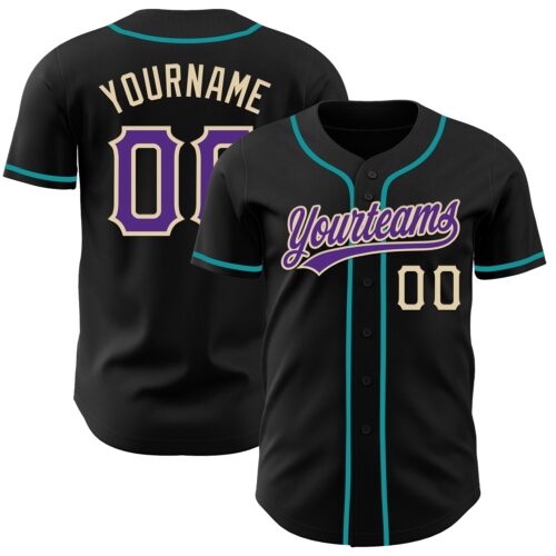 Black3148 Custom Black Purple Cream-Teal Authentic Baseball Jersey