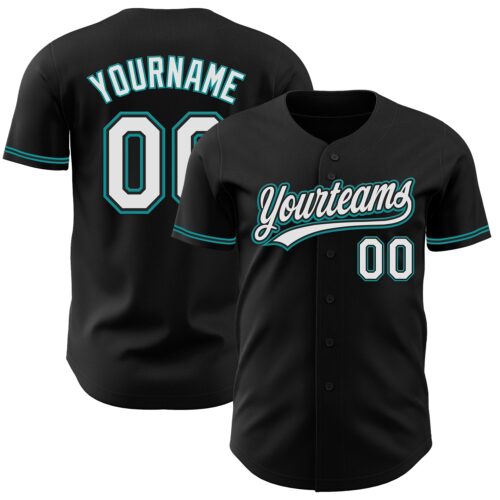Custom Black White-Teal Authentic Baseball Jersey