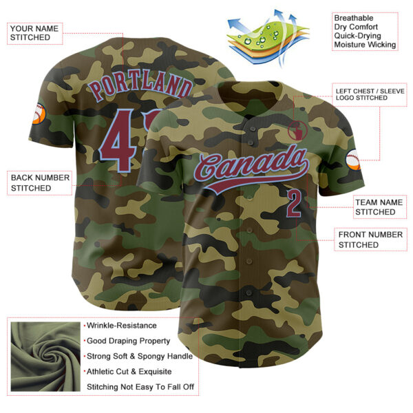 Custom Camo Burgundy-Light Blue Authentic Salute To Service Baseball Jersey