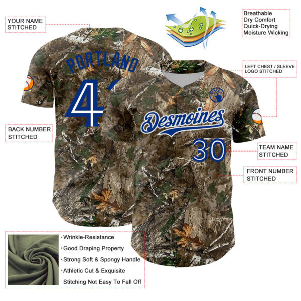 Custom Camo White-Royal Woodland Forest Camouflage Authentic Salute To Service Baseball Jersey