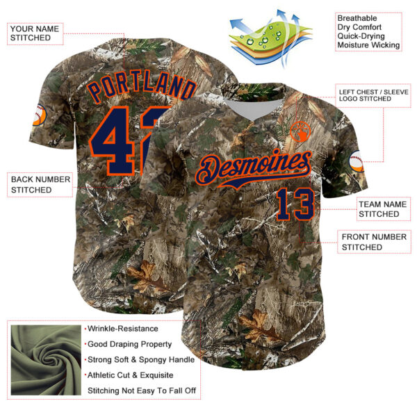 Custom Camo Navy-Orange Woodland Forest Camouflage Authentic Salute To Service Baseball Jersey