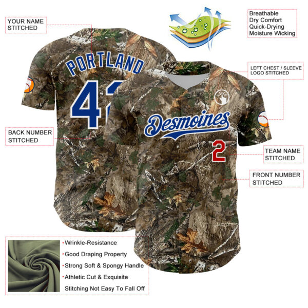 Custom Camo Royal Red-White Woodland Forest Camouflage Authentic Salute To Service Baseball Jersey