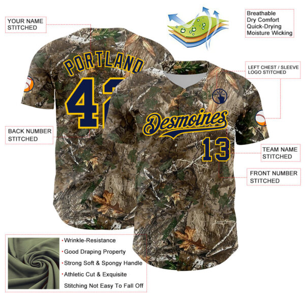 Custom Camo Navy-Yellow Woodland Forest Camouflage Authentic Salute To Service Baseball Jersey