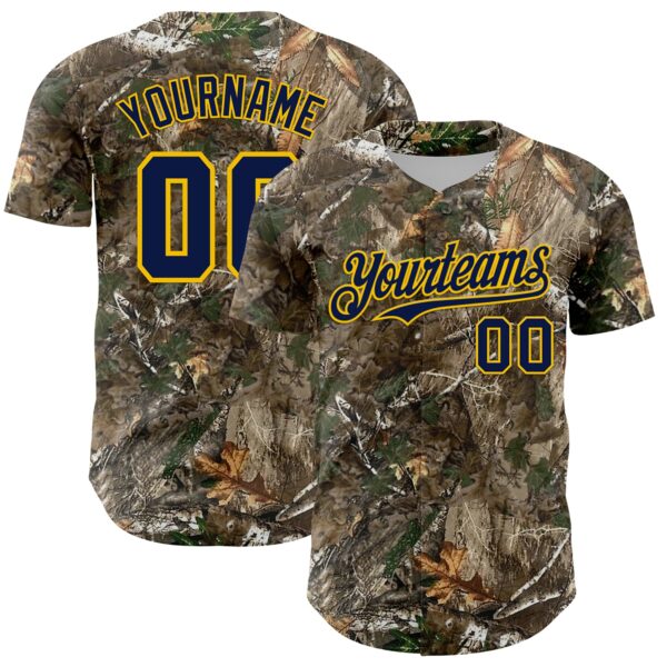 Custom Camo Navy-Yellow Woodland Forest Camouflage Authentic Salute To Service Baseball Jersey