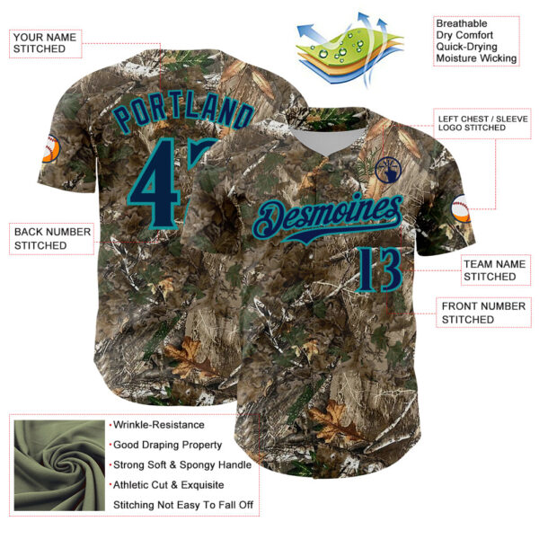 Custom Camo Navy-Teal Woodland Forest Camouflage Authentic Salute To Service Baseball Jersey