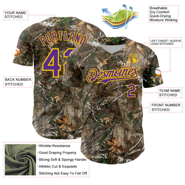 Custom Camo Purple-Yellow Woodland Forest Camouflage Authentic Salute To Service Baseball Jersey