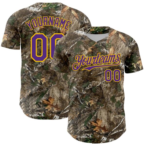 Custom Camo Purple-Yellow Woodland Forest Camouflage Authentic Salute To Service Baseball Jersey