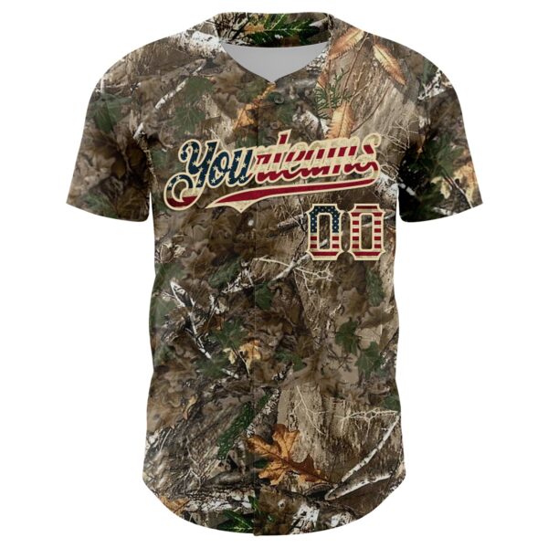 Custom Camo Vintage USA Flag-Cream Woodland Forest Camouflage Authentic Salute To Service Baseball Jersey