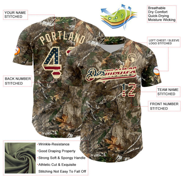 Custom Camo Vintage USA Flag-Cream Woodland Forest Camouflage Authentic Salute To Service Baseball Jersey