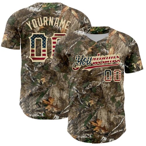 Camo0365 Custom Camo Vintage USA Flag-Cream Woodland Forest Camouflage Authentic Salute To Service Baseball Jersey